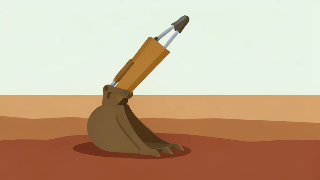 A heavy industrial excavator bucket resting on reddish-brown earth in a dry, open landscape
