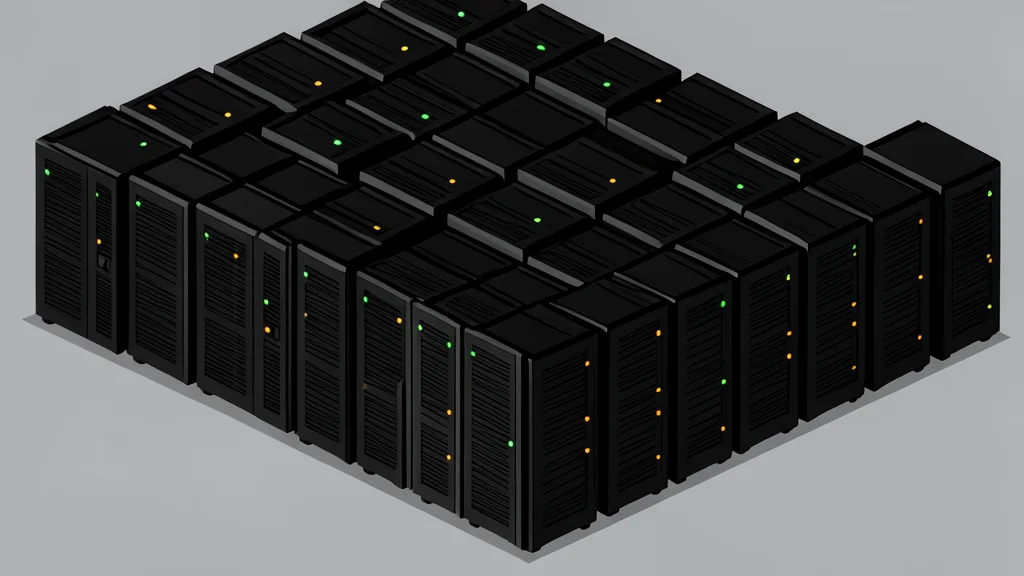 A server room with rows of black computer towers and blinking status lights