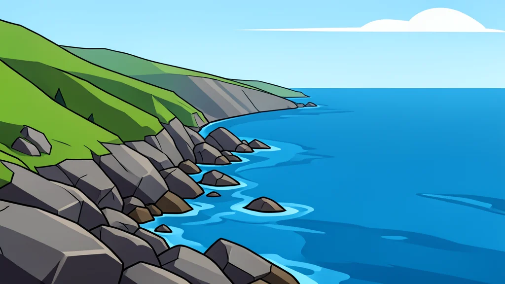 A rocky coastline meeting the sea with a narrow strait in the distance