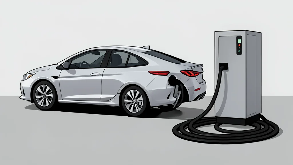 A sleek silver electric sedan parked on a smooth concrete surface next to a large industrial charging station with thick black cables coiled neatly on the ground.