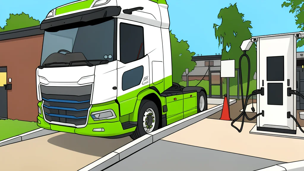 A large electric truck parked next to a tall, industrial charging station in a logistics yard