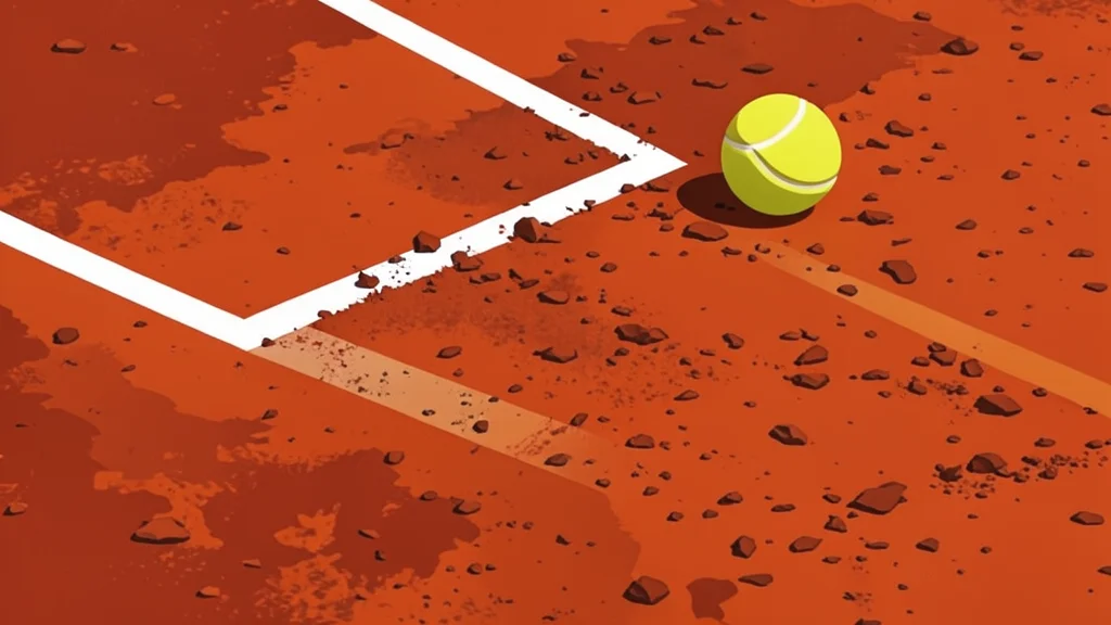 A red clay tennis court with white boundary lines and a net stretched across the center.
