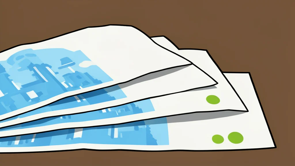 A stack of paper banknotes and a foreign currency coin resting on a wooden desk surface