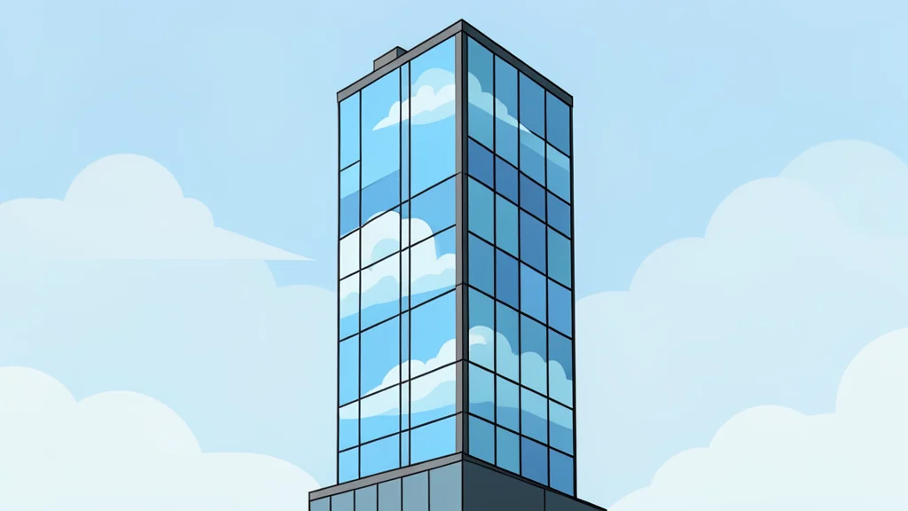 A modern glass skyscraper reflecting a cloudy sky
