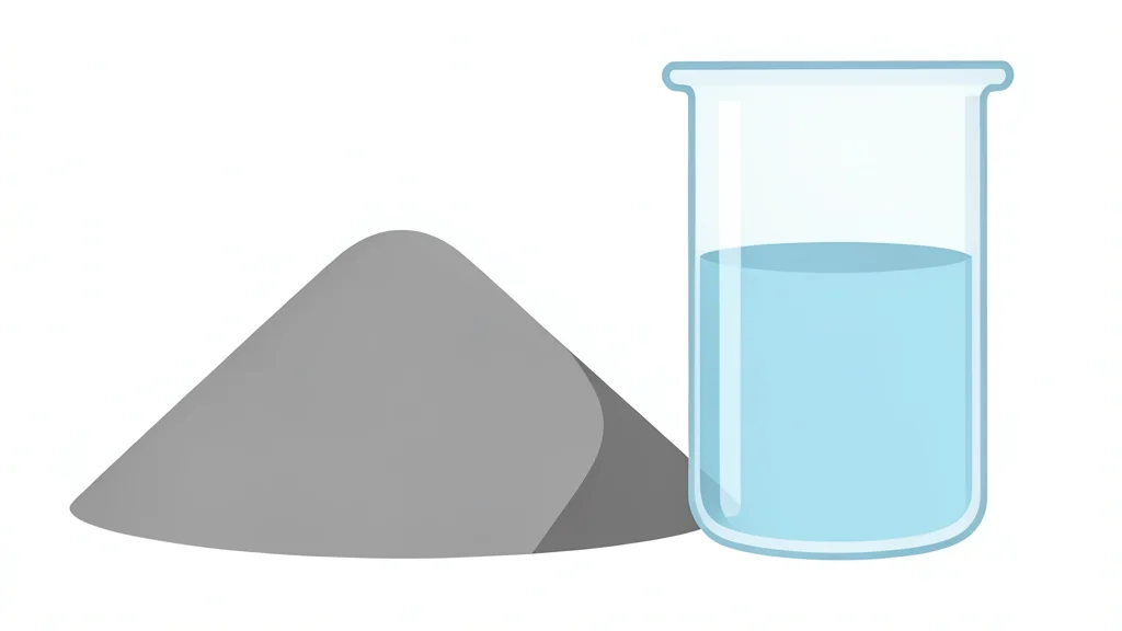 A pile of grey, granular mineral powder next to a glass beaker containing a clear liquid
