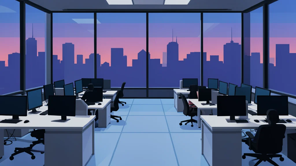 A modern glass trading floor with rows of desks and computer monitors, overlooking a city skyline at dusk.