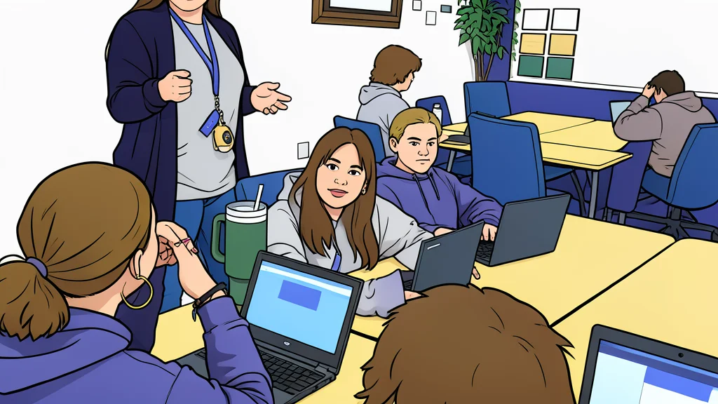 A flat vector illustration of a stack of open textbooks and a laptop on a wooden desk