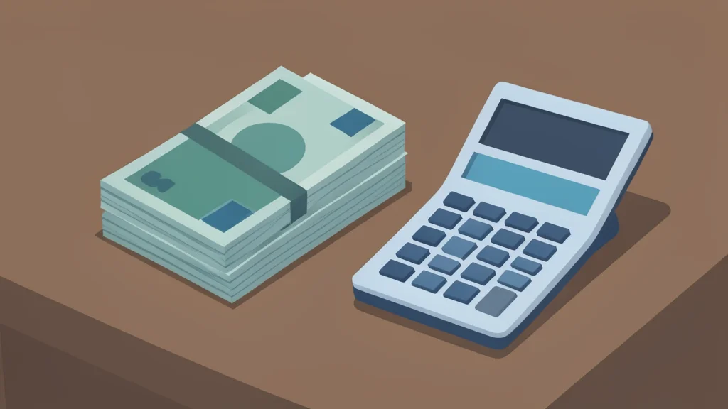 A stack of physical currency notes and a financial calculator on a desk