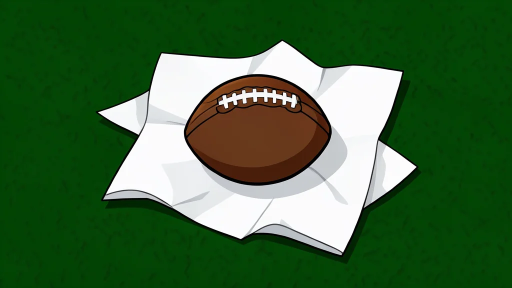 A worn brown leather football resting on green artificial turf