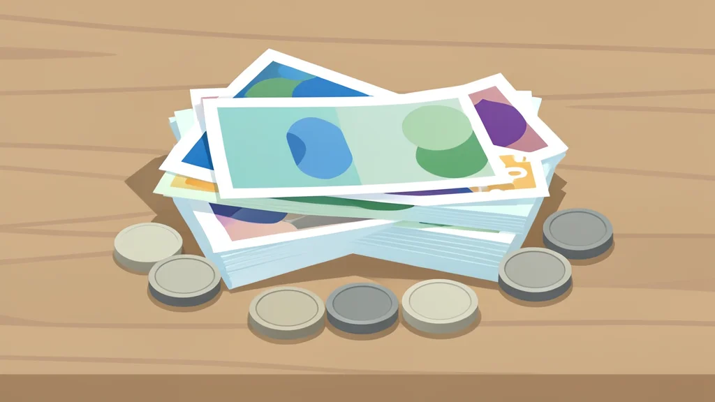 A stack of various foreign banknotes and coins arranged on a wooden desk