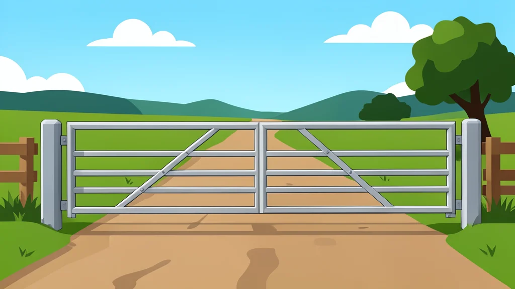 A closed metal gate blocking a dirt road in a rural landscape