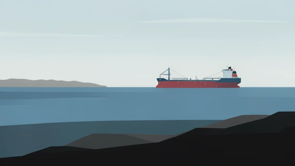 A desolate stretch of coastline with a large oil tanker anchored in the distance under a hazy sky