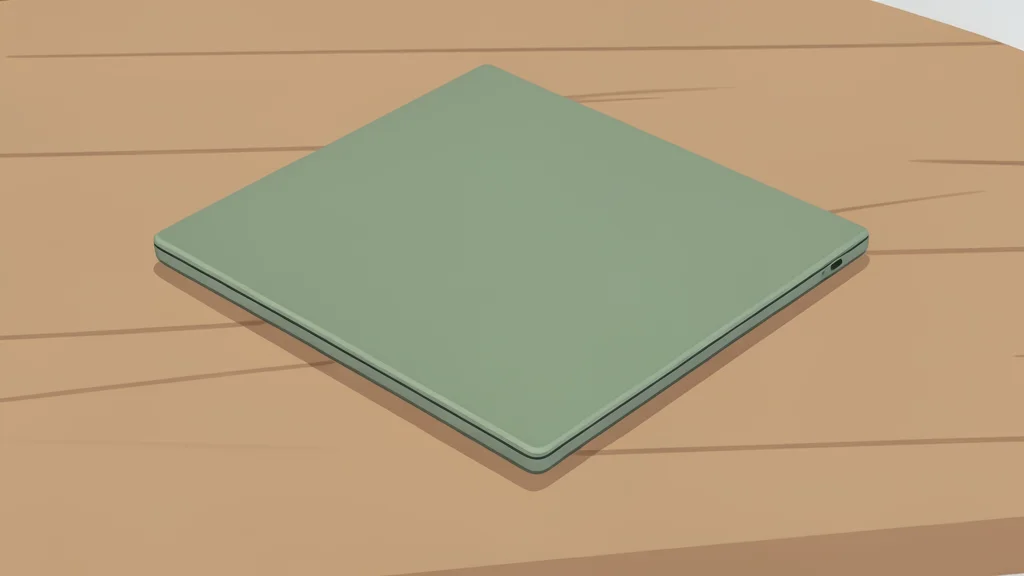 A slim, lightweight aluminum laptop with a sage green finish resting on a wooden desk