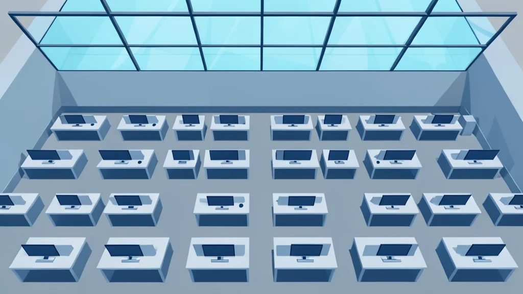 A glass trading floor with rows of empty desks and computer monitors