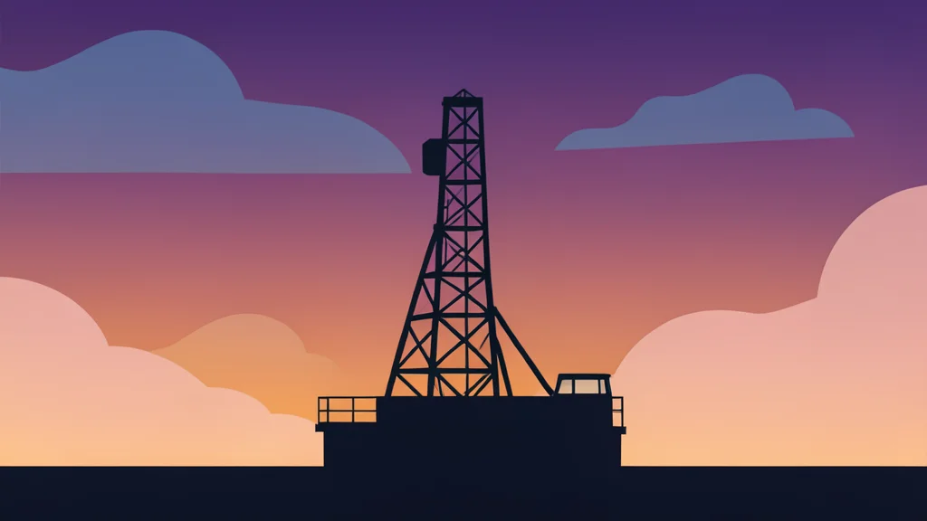 A silhouette of a drilling rig against a twilight sky