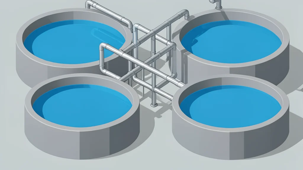 A large industrial water treatment facility featuring circular concrete basins and a network of metal piping.