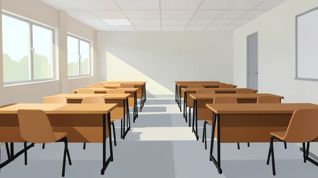 A quiet, empty polling station interior with rows of simple wooden desks and chairs under soft natural light
