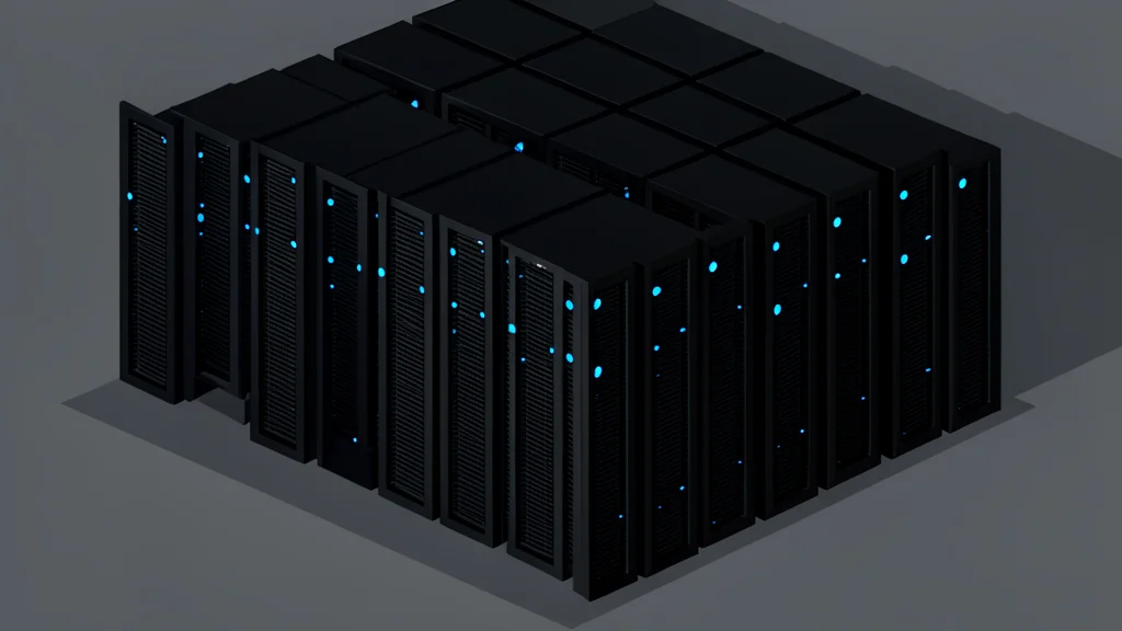 A server room with rows of black computer towers and glowing blue status lights