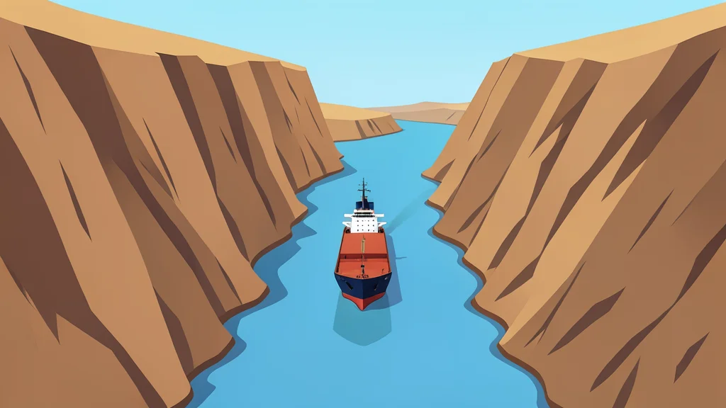 A narrow, winding waterway flanked by steep, arid cliffs with a single tanker ship navigating through the center