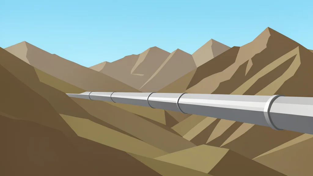 A long, metallic pipeline stretching across a rugged, mountainous landscape under a clear sky