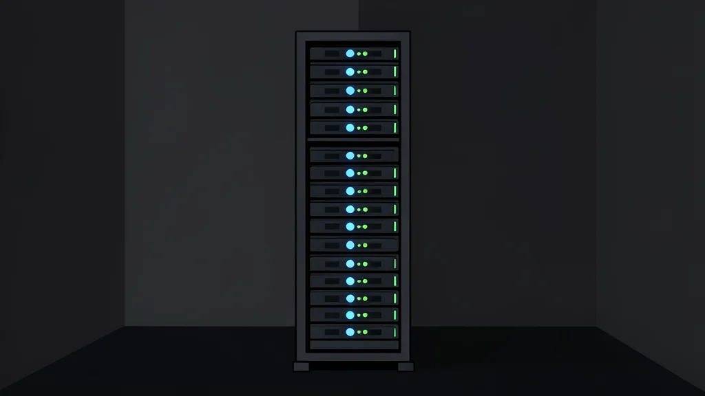A server rack with blinking status lights in a dimly lit data center