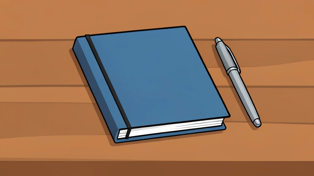 A closed notebook and a pen resting on a wooden desk