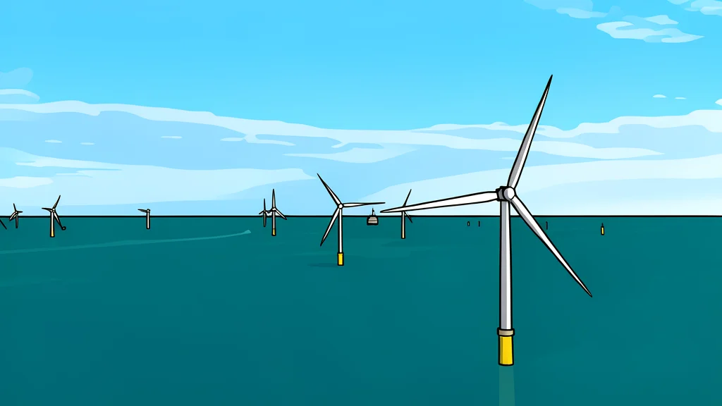 A vast offshore wind farm with white turbines standing in the sea under a cloudy sky