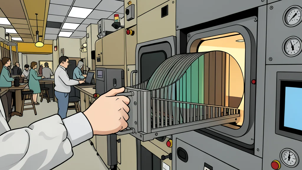 A close-up view of a rectangular silicon wafer with a grid of small, square integrated circuits etched into its surface, resting on a clean, white laboratory bench.