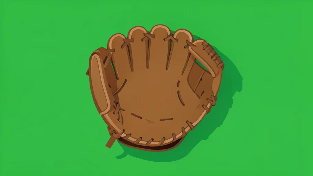 A worn leather baseball glove resting on green grass