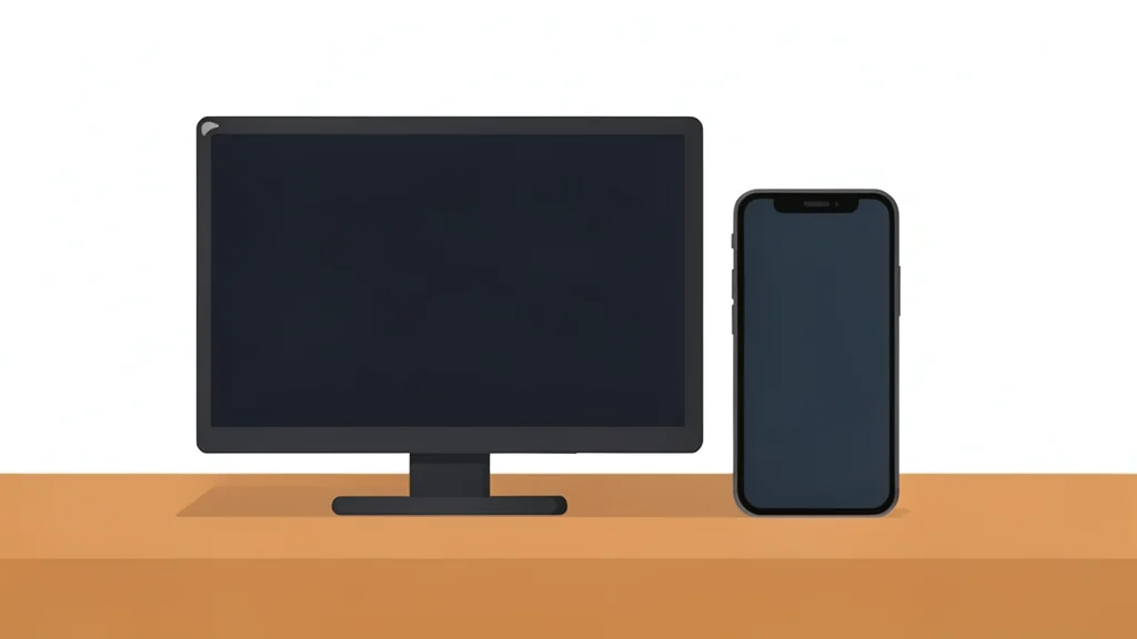 A flat-vector illustration of a television screen and a smartphone standing side by side on a wooden table, depicted with simple geometric shapes and no text.