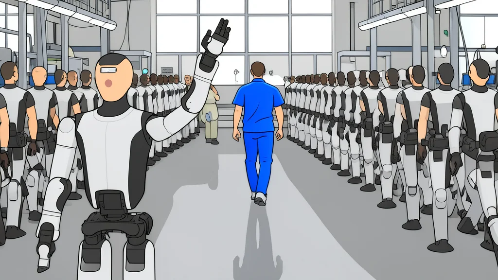 A humanoid robot standing on a clean, white industrial assembly line conveyor belt