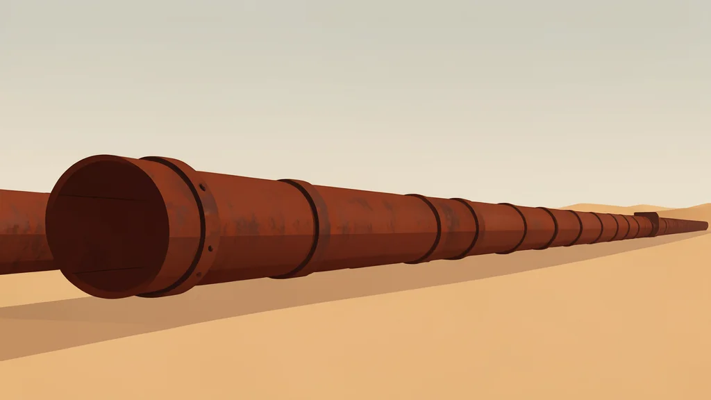 A long, rusted steel pipeline stretching across a dry, sandy desert landscape under a hazy sky.