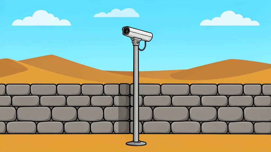 A solitary security camera mounted on a metal pole overlooking a rugged stone wall in a dry desert landscape.