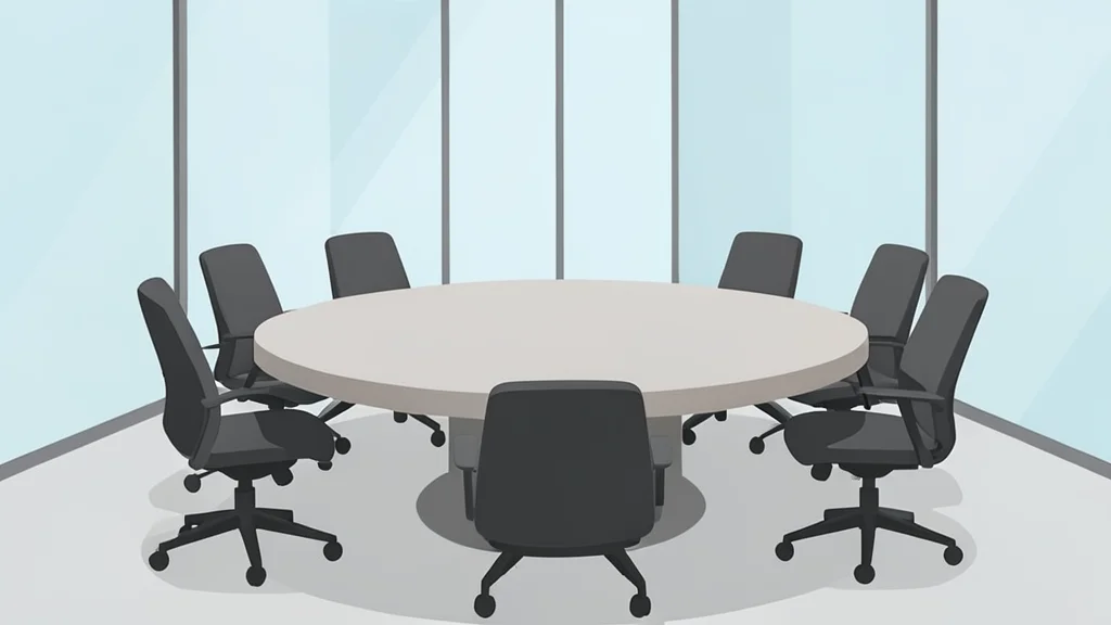 A large, circular conference table surrounded by empty chairs in a modern, glass-walled meeting room