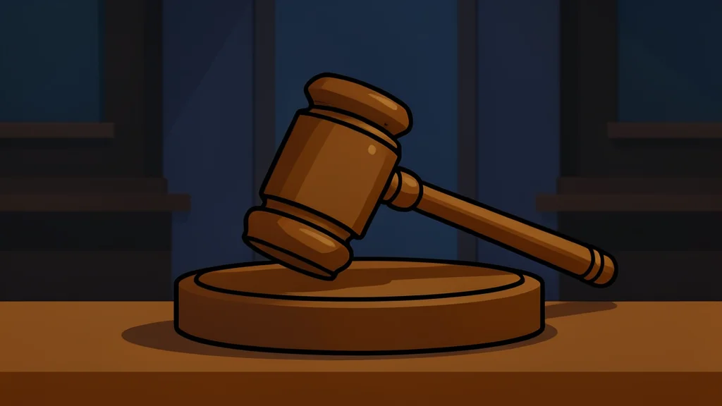 A wooden gavel resting on a sound block in a dimly lit courtroom