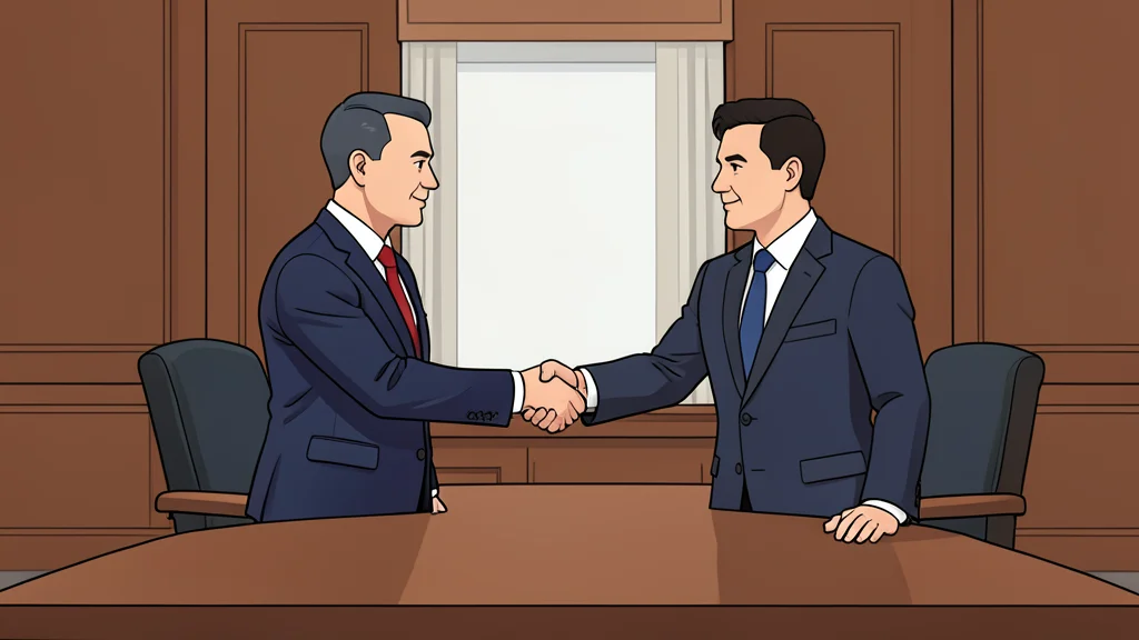 A stylized vector illustration of two officials shaking hands in a formal room with minimal background details.