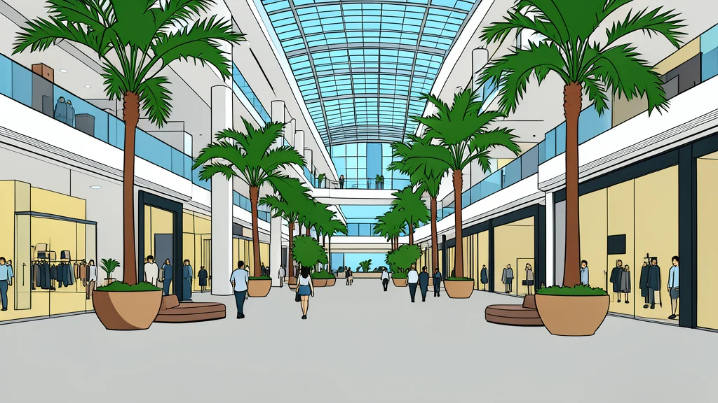 A modern shopping mall atrium with glass ceilings and polished floors reflecting natural light.