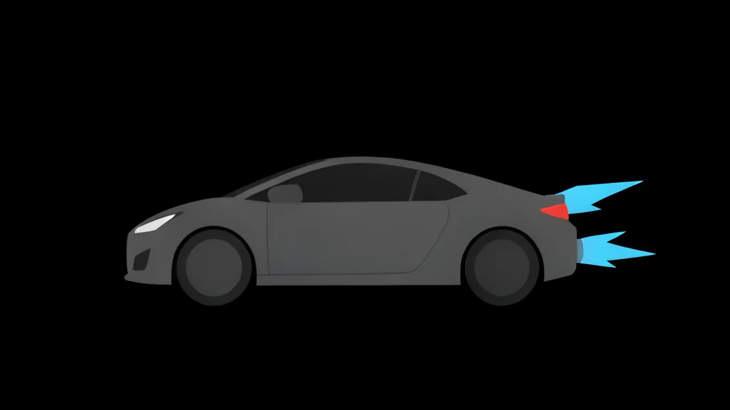 A sleek, low-profile electric sports car silhouette with visible rocket thrusters at the rear, set against a dark background.