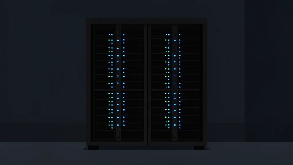 A server rack with blinking status lights in a dark room