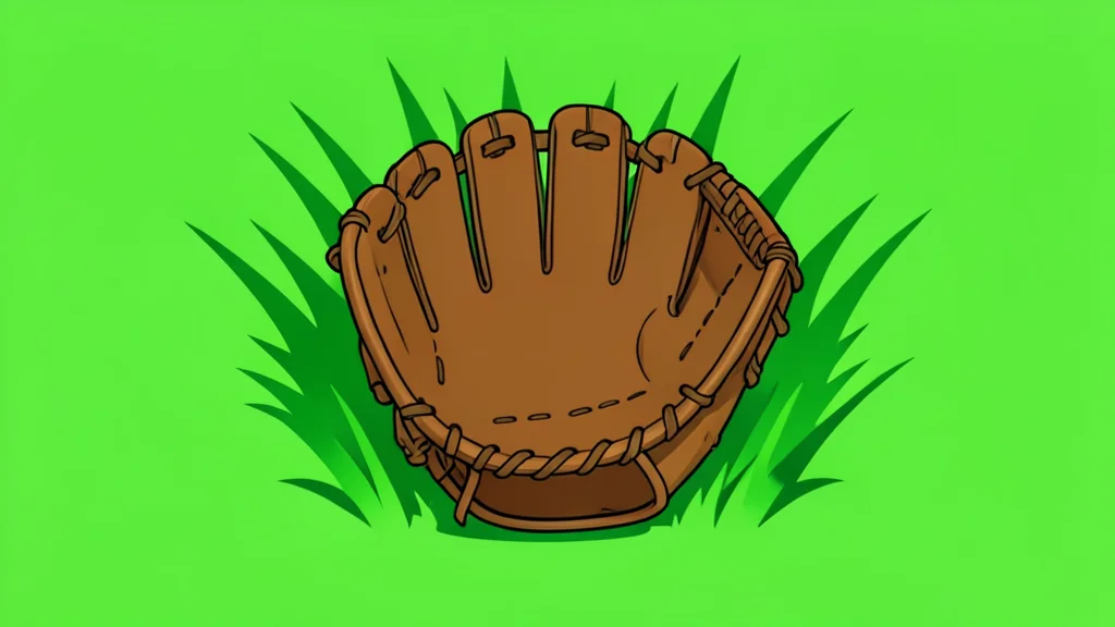 A worn leather baseball glove resting on green grass