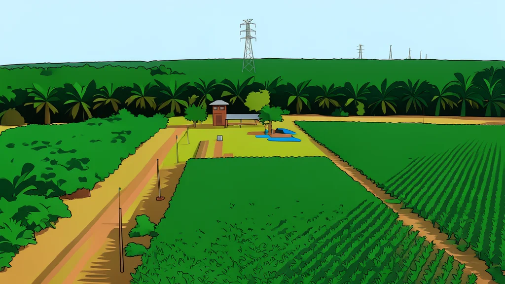 A dense tropical plantation with rows of tall palm trees under a bright sky