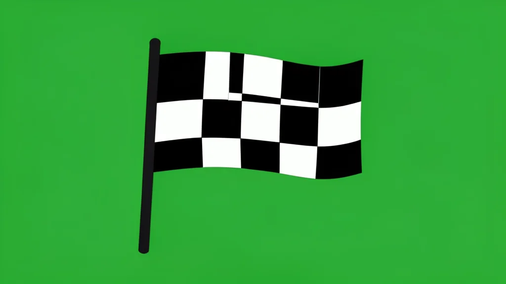 A black and white checkered flag lying flat on a vibrant green grass field