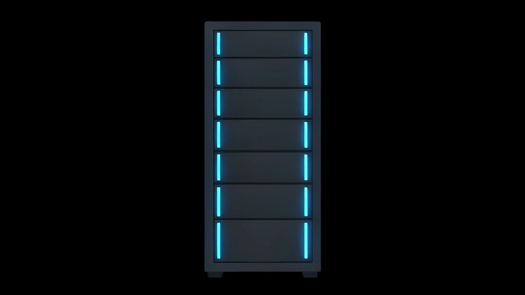 A server rack with glowing blue lights in a dark room
