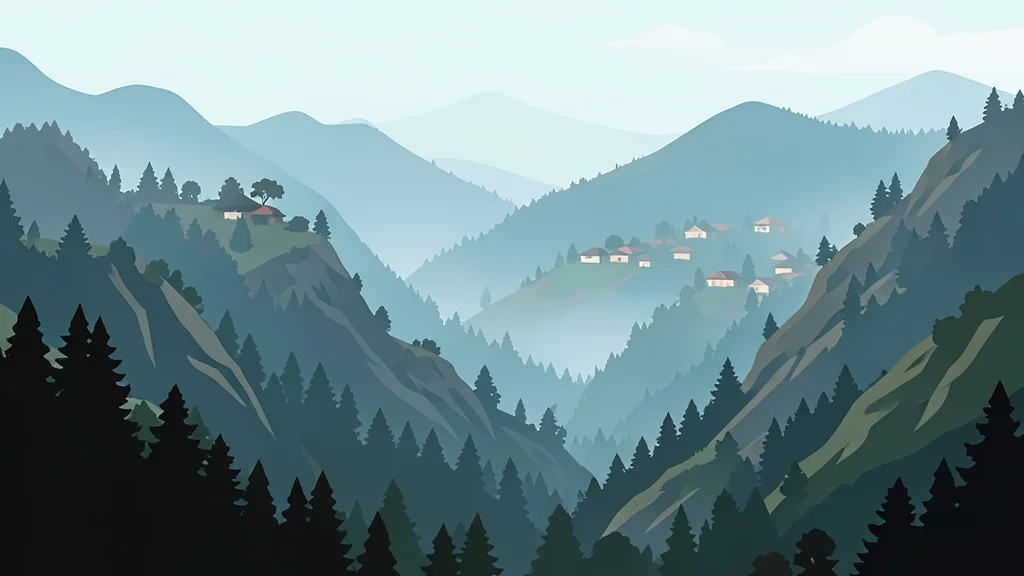 A dense, misty forest landscape in the northeastern hills of India with rugged terrain and scattered village structures in the distance.