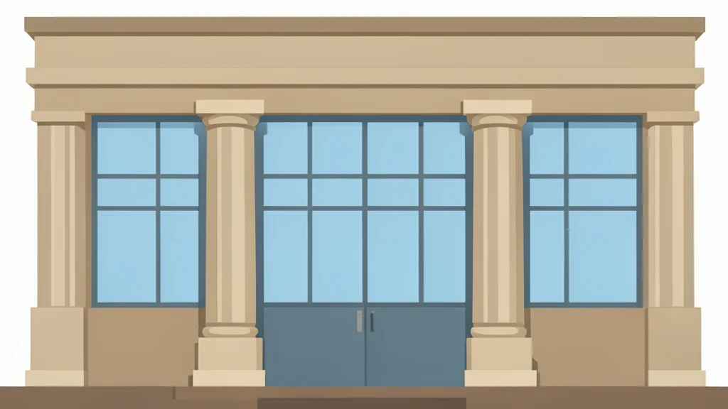 A traditional bank building facade with large glass windows and stone columns