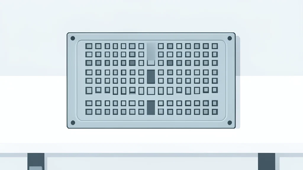 A close-up view of a rectangular silicon wafer with a grid of small, square integrated circuits etched into its surface, resting on a clean, white laboratory bench.