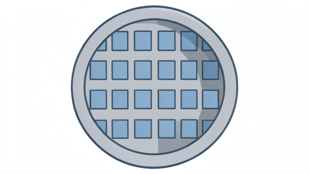 A close-up view of a silicon wafer with a grid of square chips