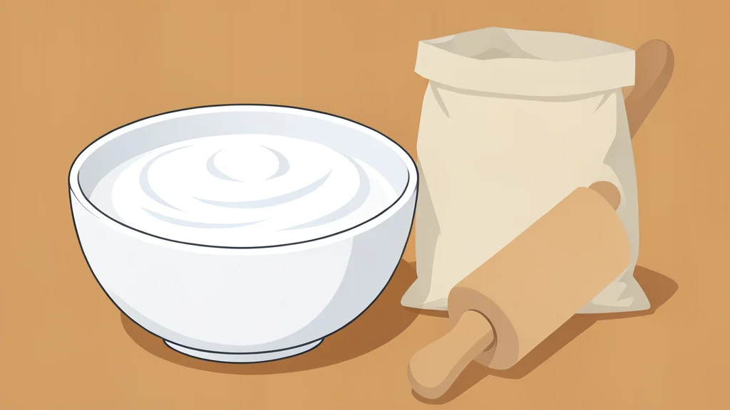 A white bowl of smooth, thick icing next to a bag of flour and a rolling pin on a wooden table