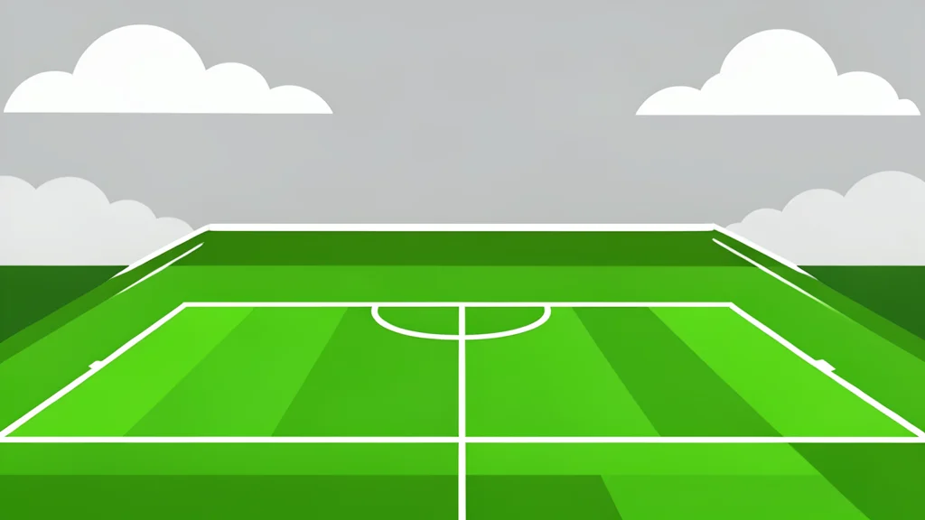 A large, empty football stadium with green grass and white boundary lines under a cloudy sky