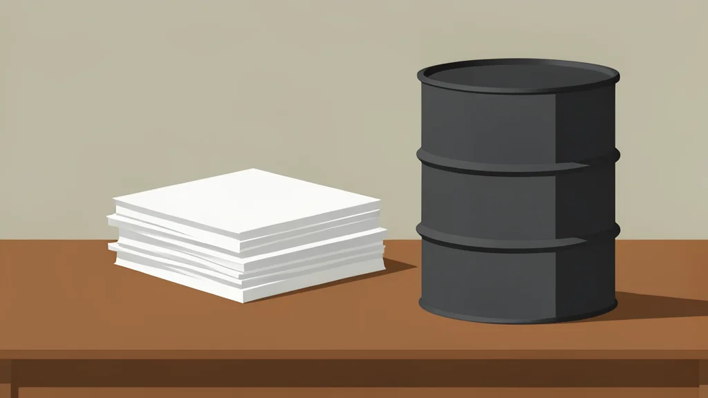 A stack of plain government bond certificates and a single barrel of crude oil resting on a wooden desk surface.
